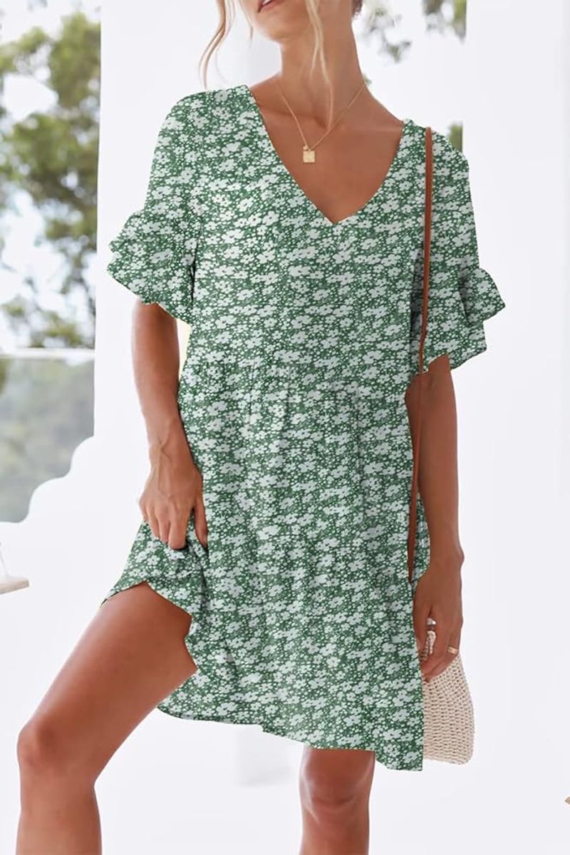 Nclook V‑Neck Mini Ruffle Dress with Pockets