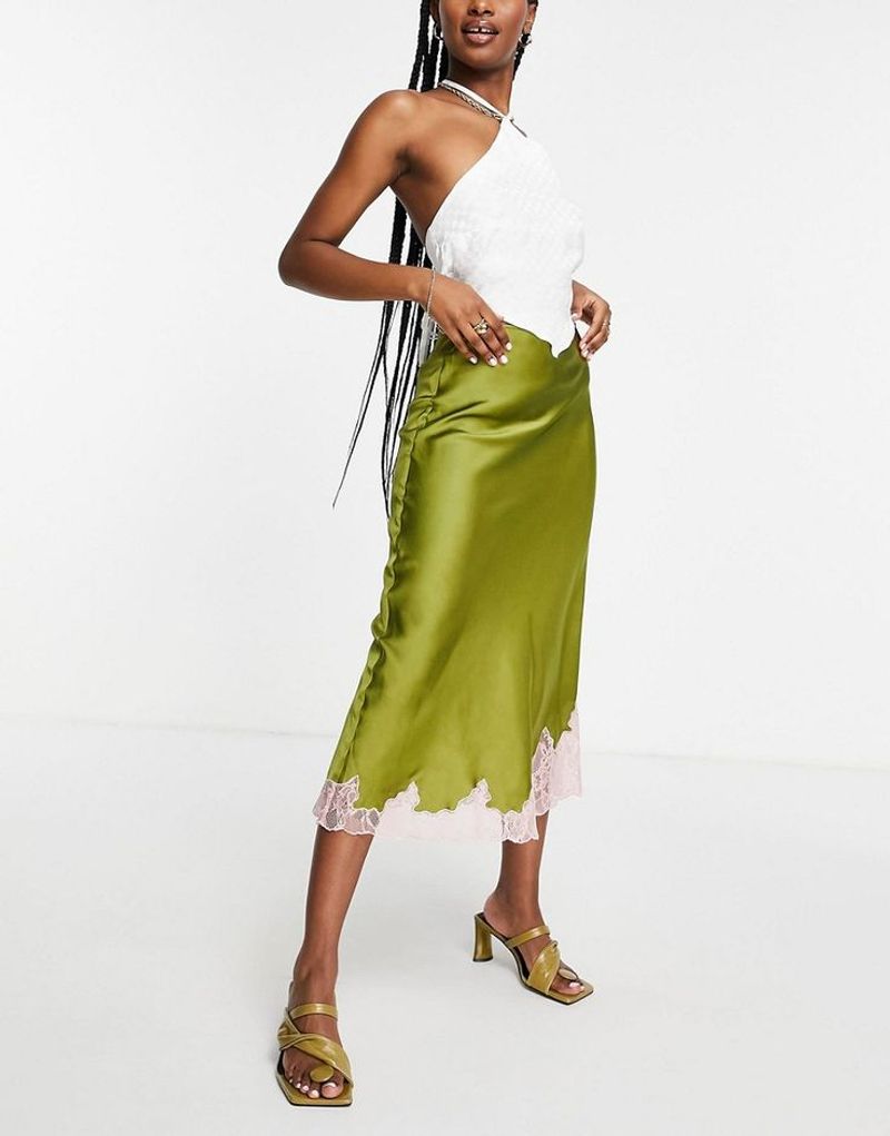 Reclaimed Vintage Satin Midi Skirt with Lace Trim