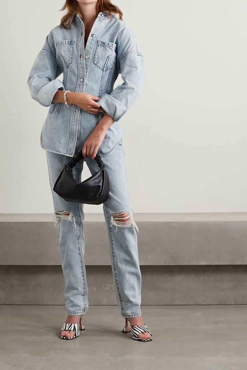 Distressed Boyfriend Jeans + Bold-Colored Strappy Sandals