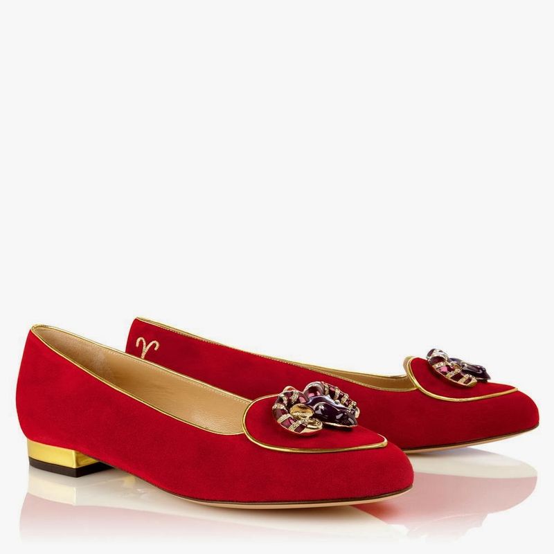 Charlotte Olympia Birthday Aries Zodiac Suede Smoking Slippers in Red