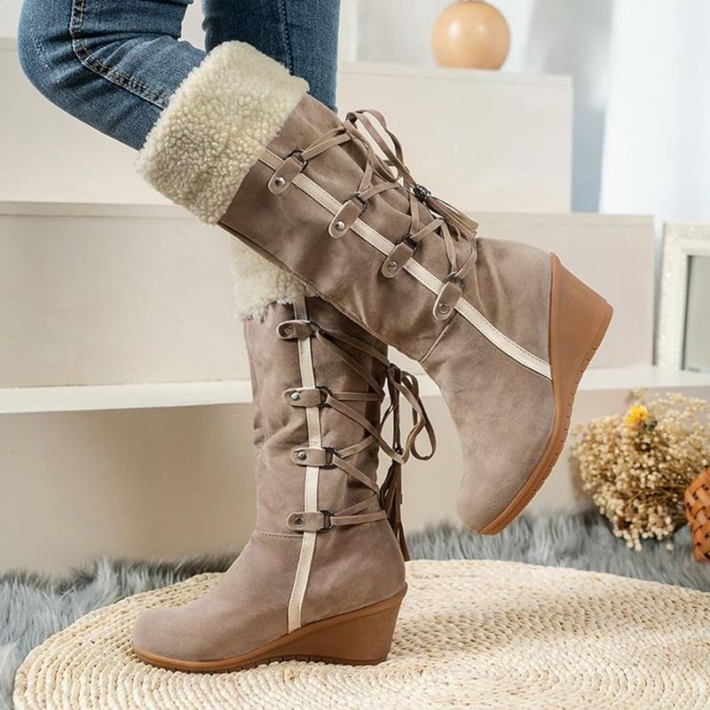 Wedge Heel Boots with Faux Fur Trim