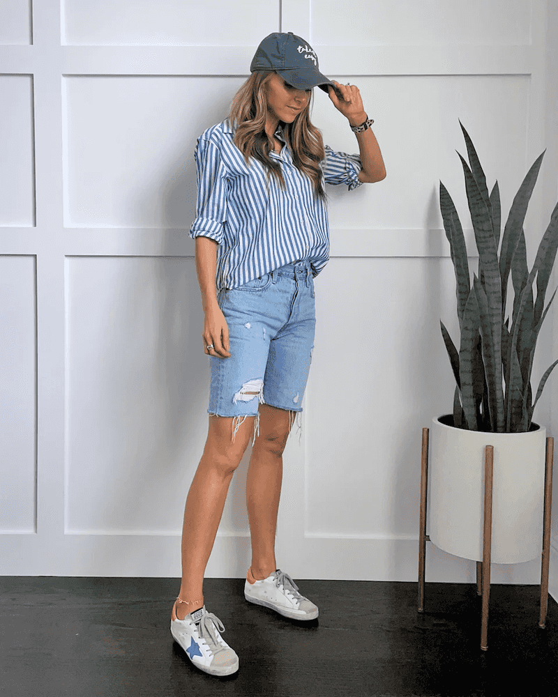 Denim Shorts + Oversized Button-Down + Statement Sneakers