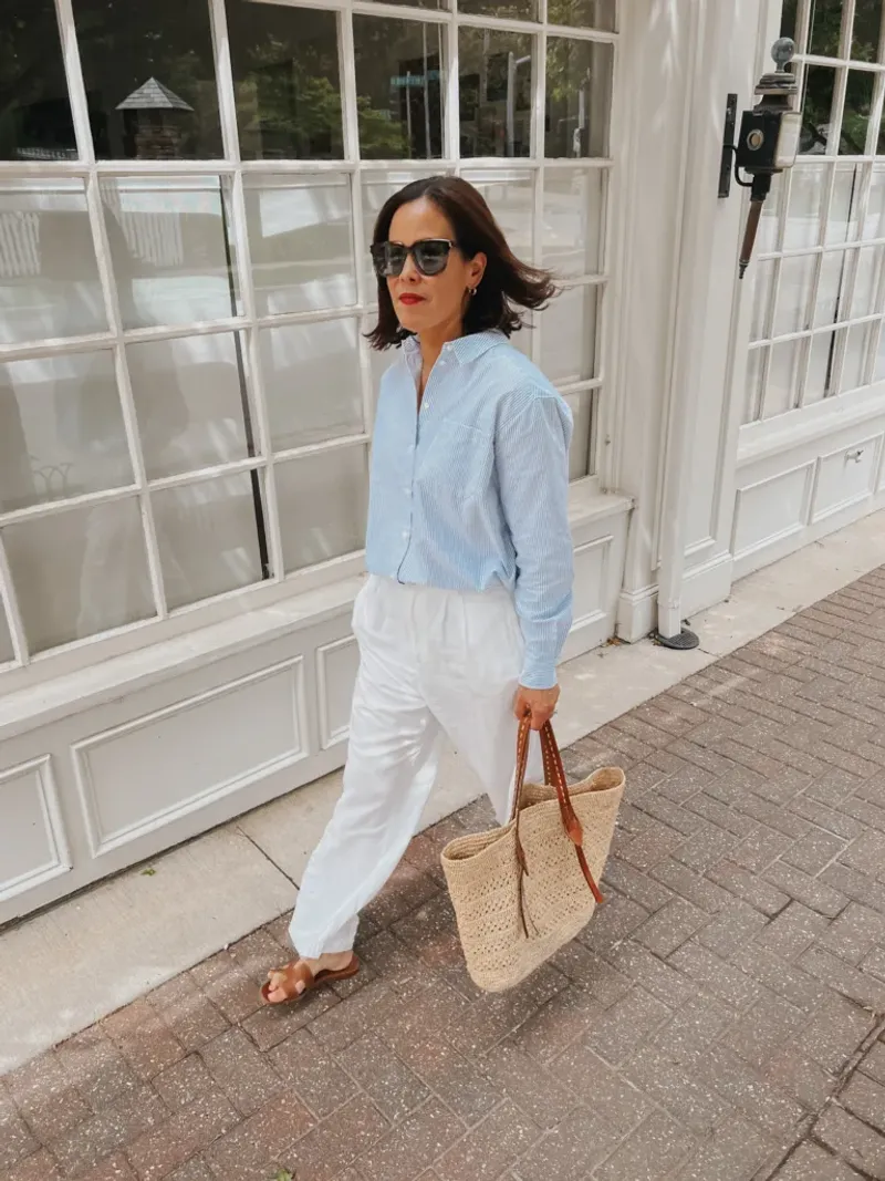 White Jeans + Linen Shirt + Leather Slides