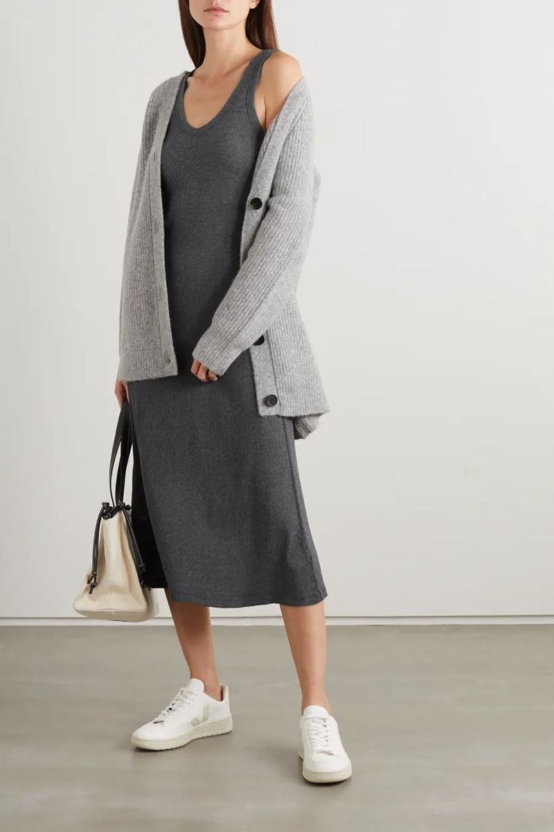 Sweater Dress + Cardigan + Neutral Sneakers