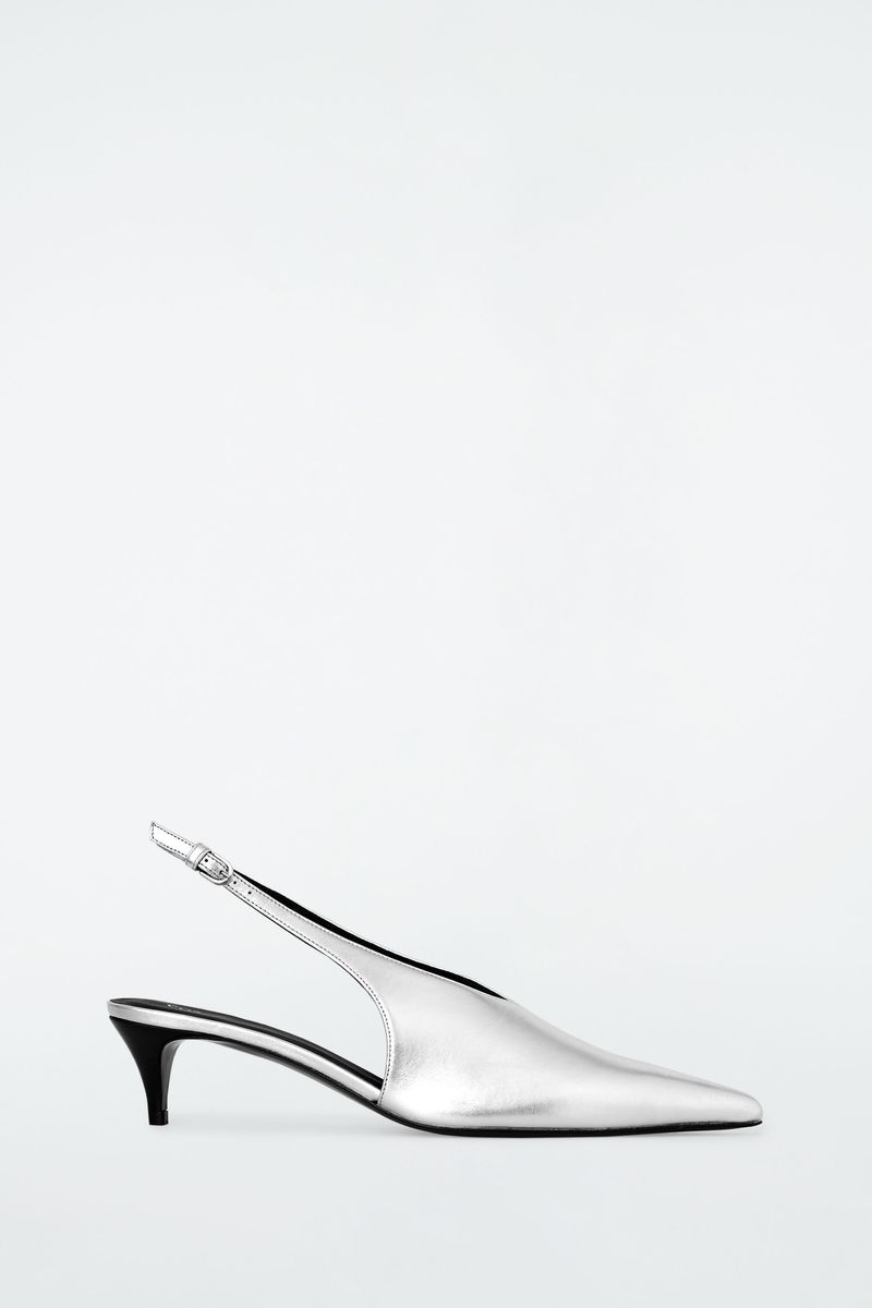 COS Pointed Leather Slingback Kitten Heels - Silver