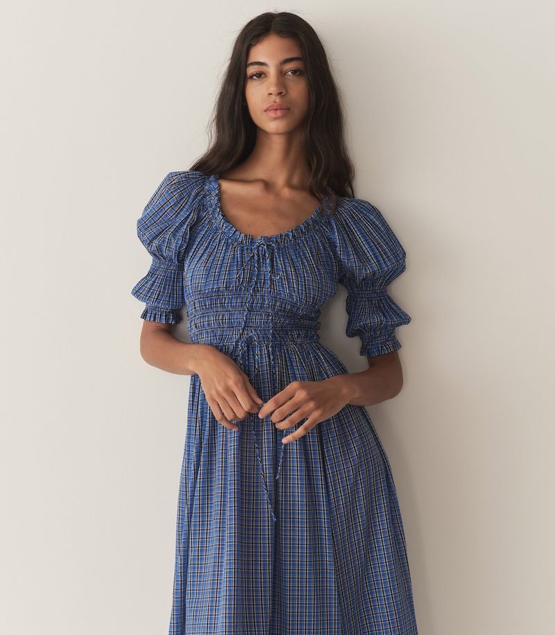 Dôen Ischia Shirred Gingham Cotton-Voile Midi Dress