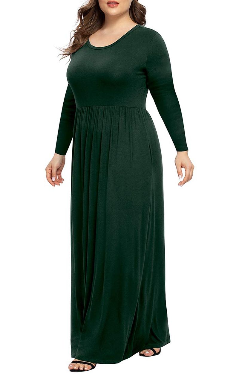 Longyuan Plus‑Size Maxi Dress (Empire Waist + Pockets)