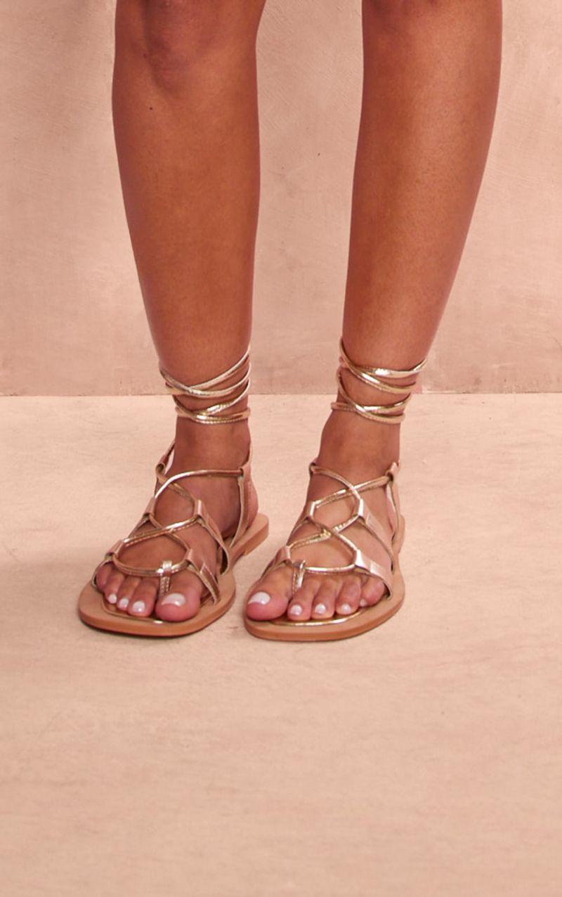 PrettyLittleThing Gold Wide Fit Flat Sandals