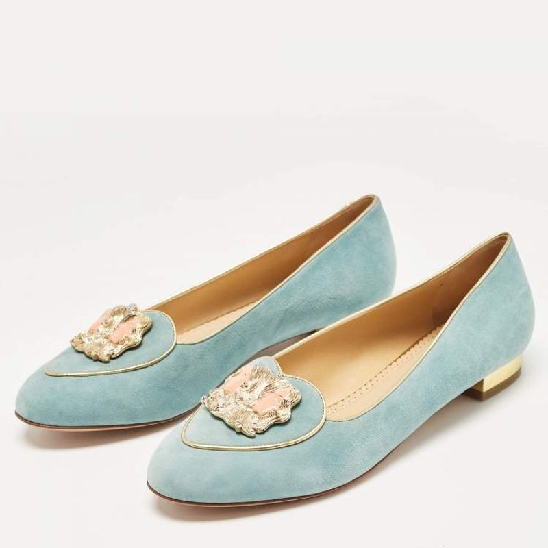 Charlotte Olympia Birthday Gemini Zodiac Suede Smoking Slippers in Sky Blue