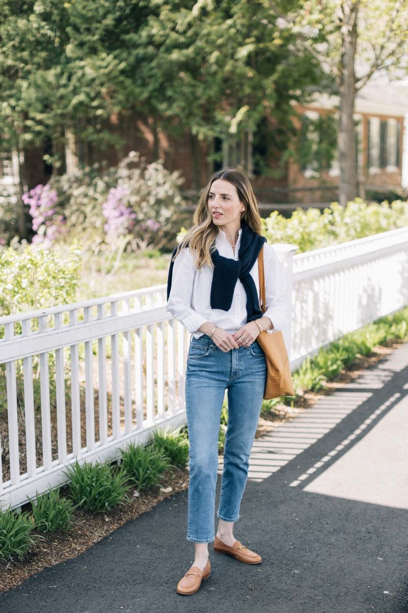 Cropped Straight Jeans + Button-Down Shirt (Tucked) + Loafers