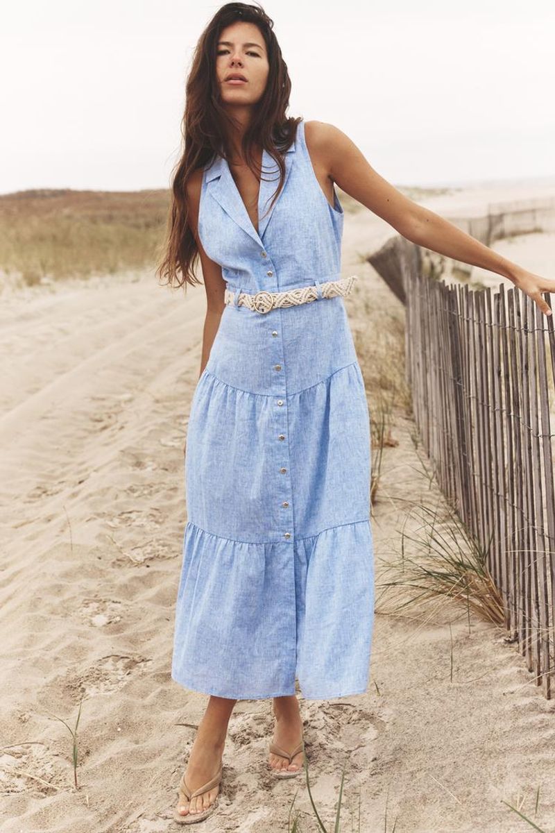 Linen Midi Dress with Belted Waist