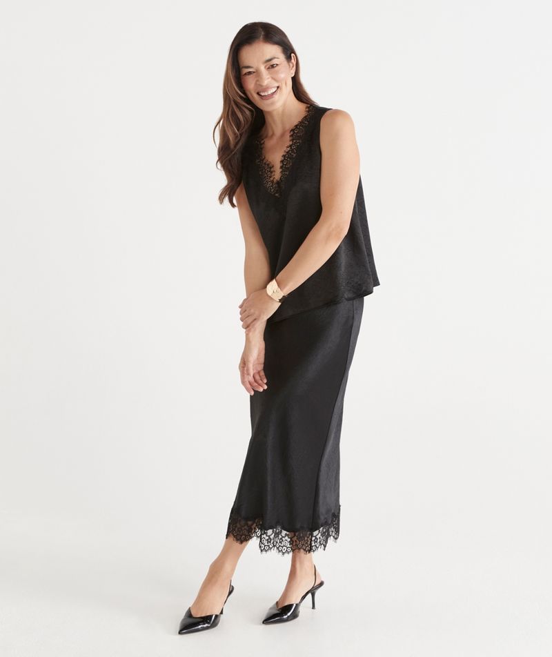 Sussan Lace Trim Satin Midi Skirt