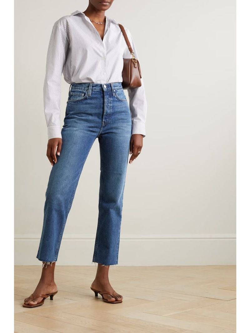 3. White Button-Up + High-Waisted Straight-Leg Jeans + Strappy Heels