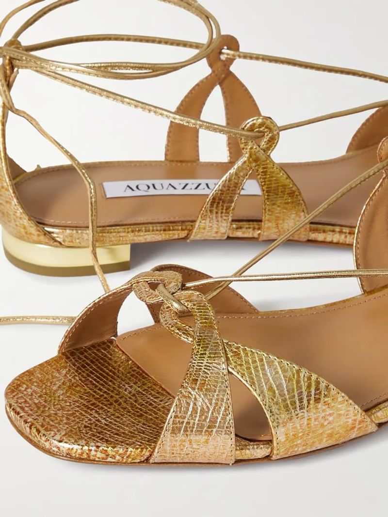 Aquazzura Cala di Volpe Metallic Snake-Effect Leather Sandals