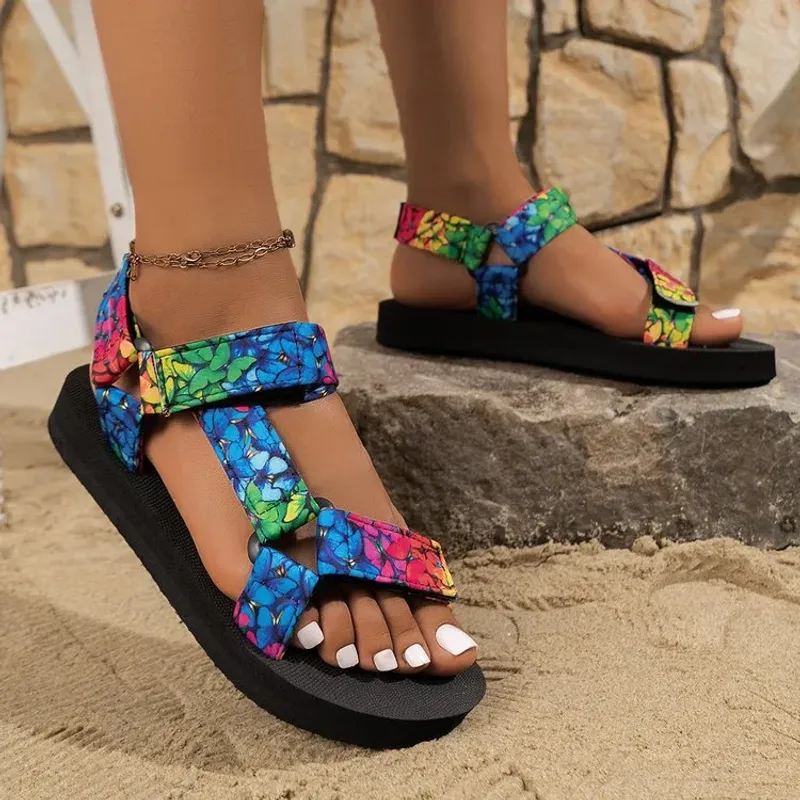 Mismatched Chunky Sandals With Velcro & Prints