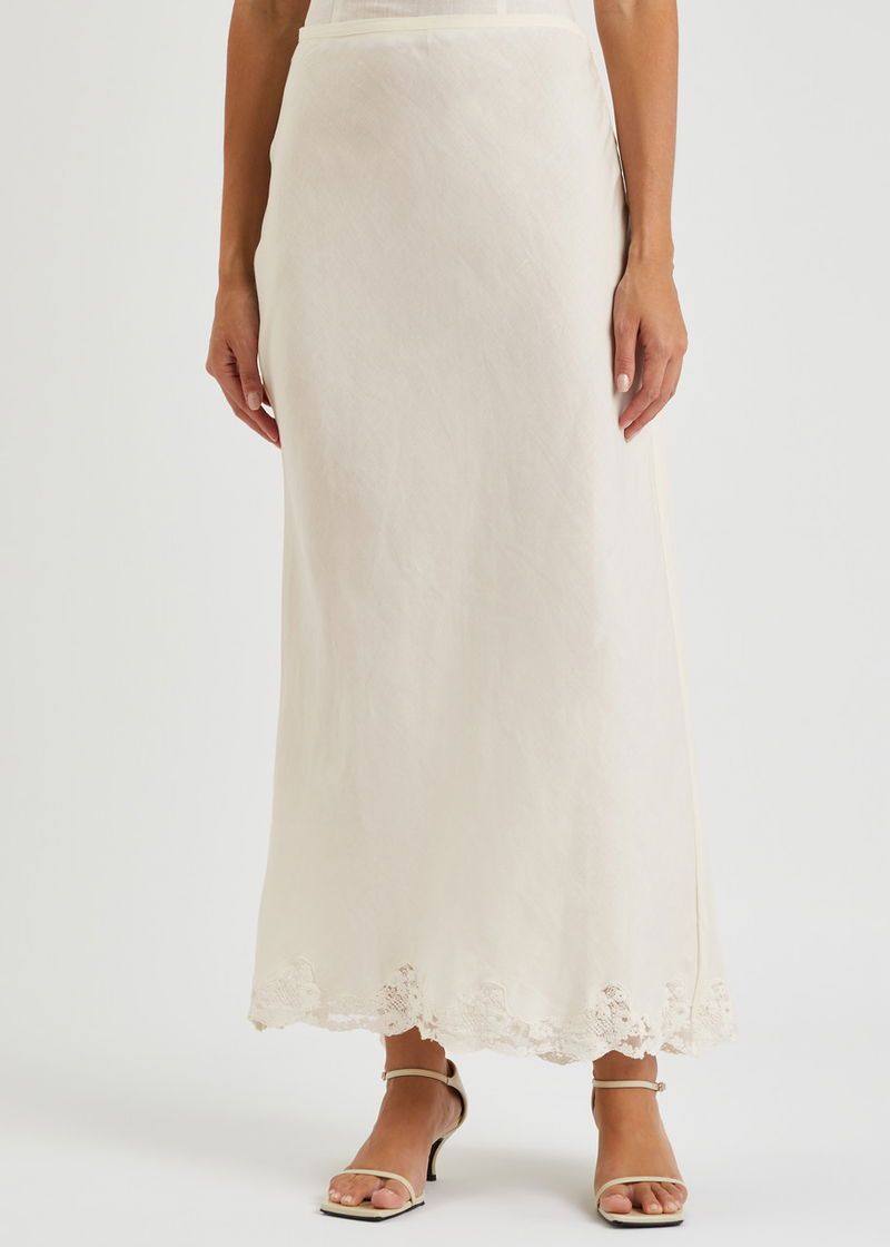 RIXO Crystal Scalloped Lace-Trimmed Satin Midi Skirt
