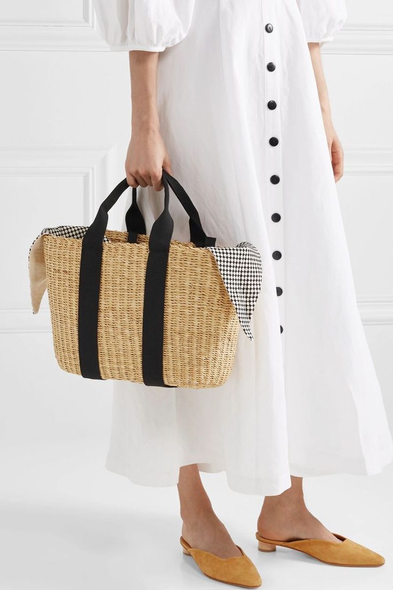Pointed-Toe Mules + Woven Straw Bag