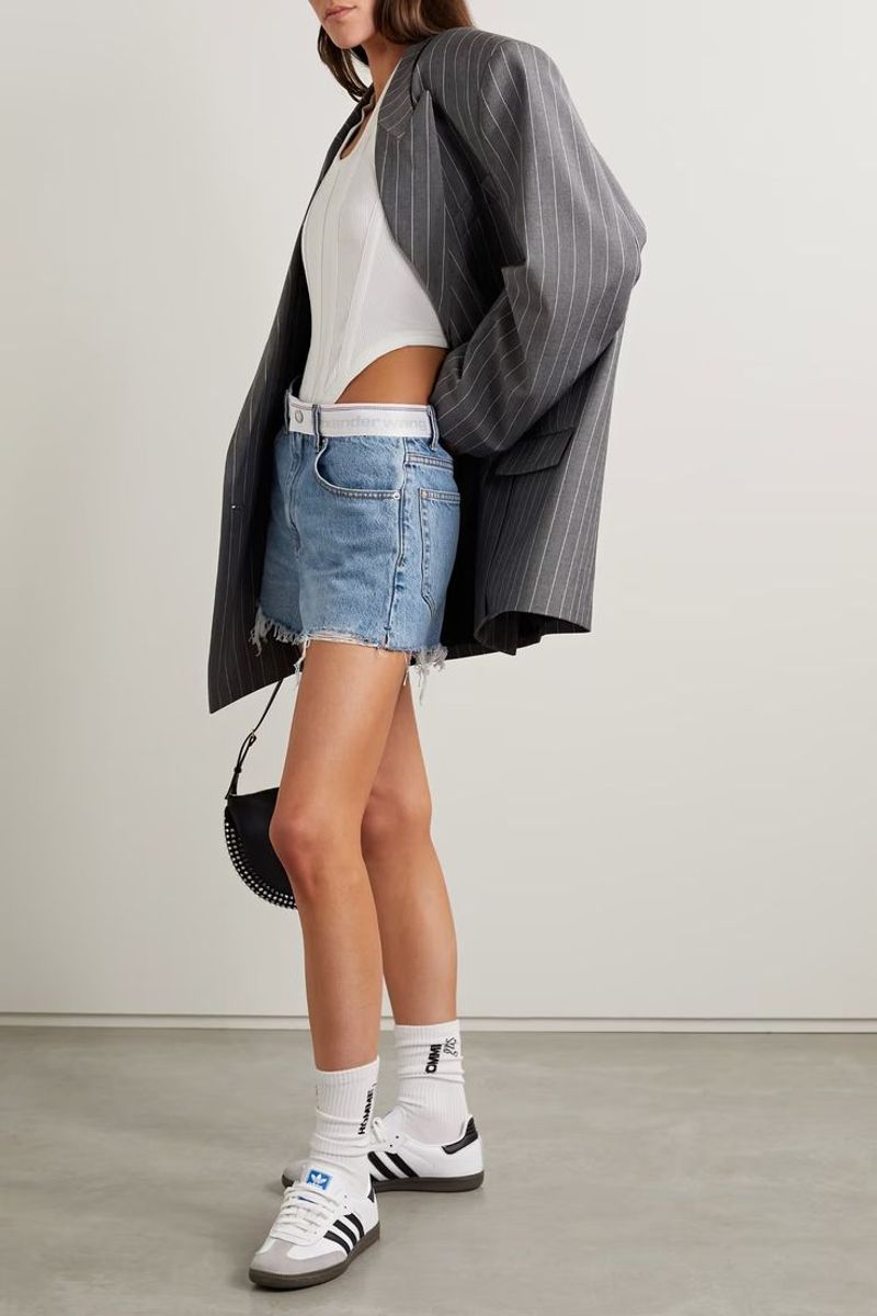 4. White Corset Top + Oversized Blazer + Denim Shorts 