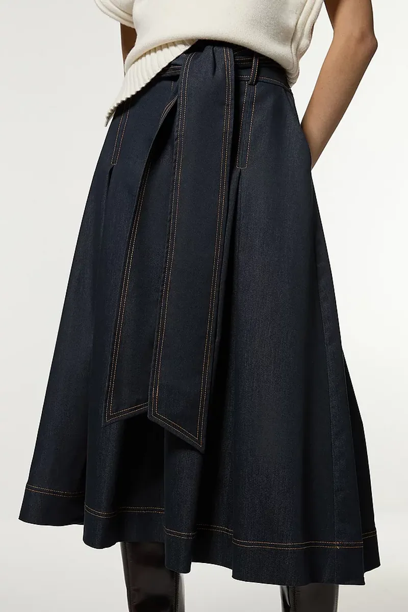 Tailored Denim Full Skirted Belted Midaxi Skirt – Karen Millen