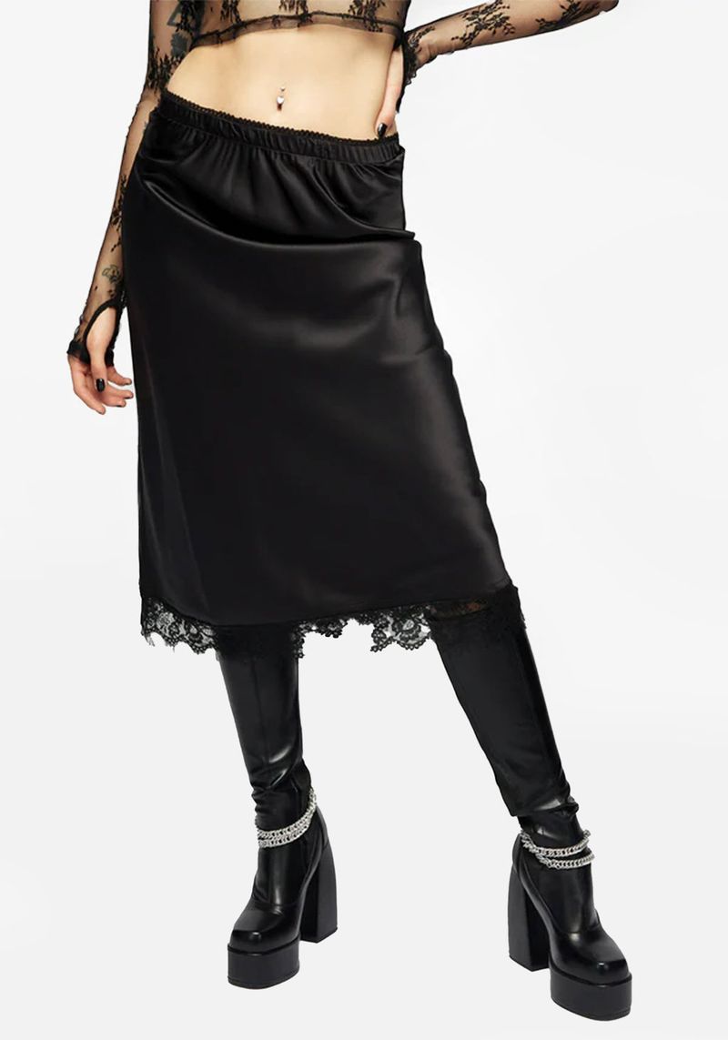 Disturbia Medeina Lace Trim Satin Midi Skirt