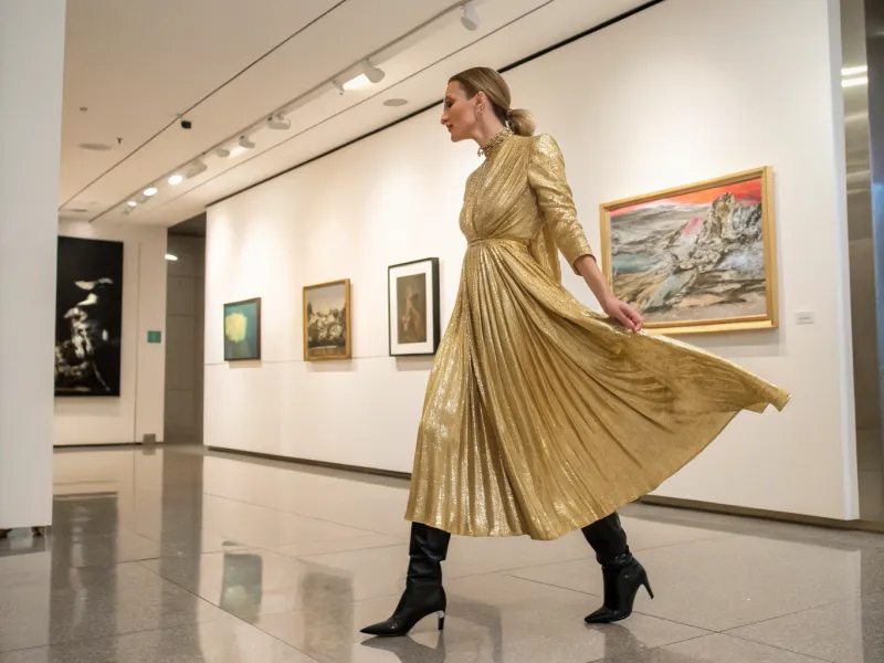 Pleated Dress + Knee-High Pointed Boots