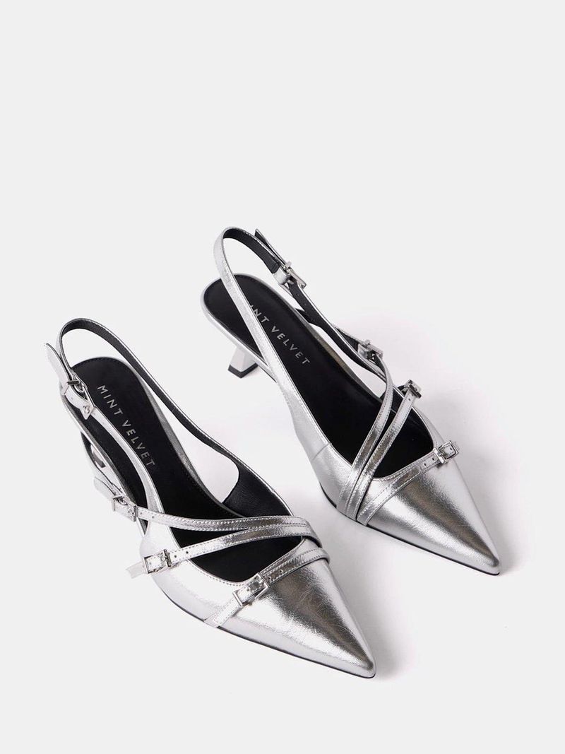 Mint Velvet Kit Silver Slingback Kitten Heels