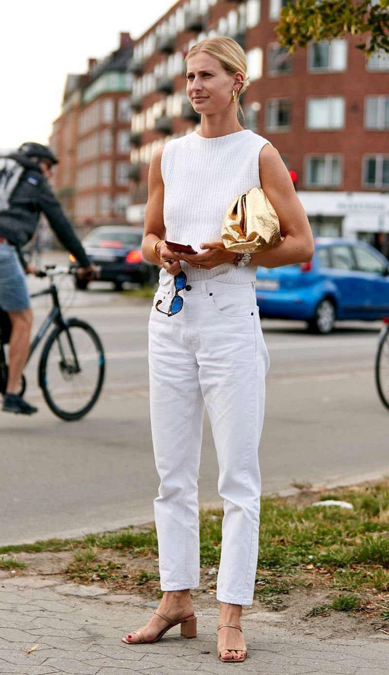 Head-to-Toe White Denim With a Pop of Color