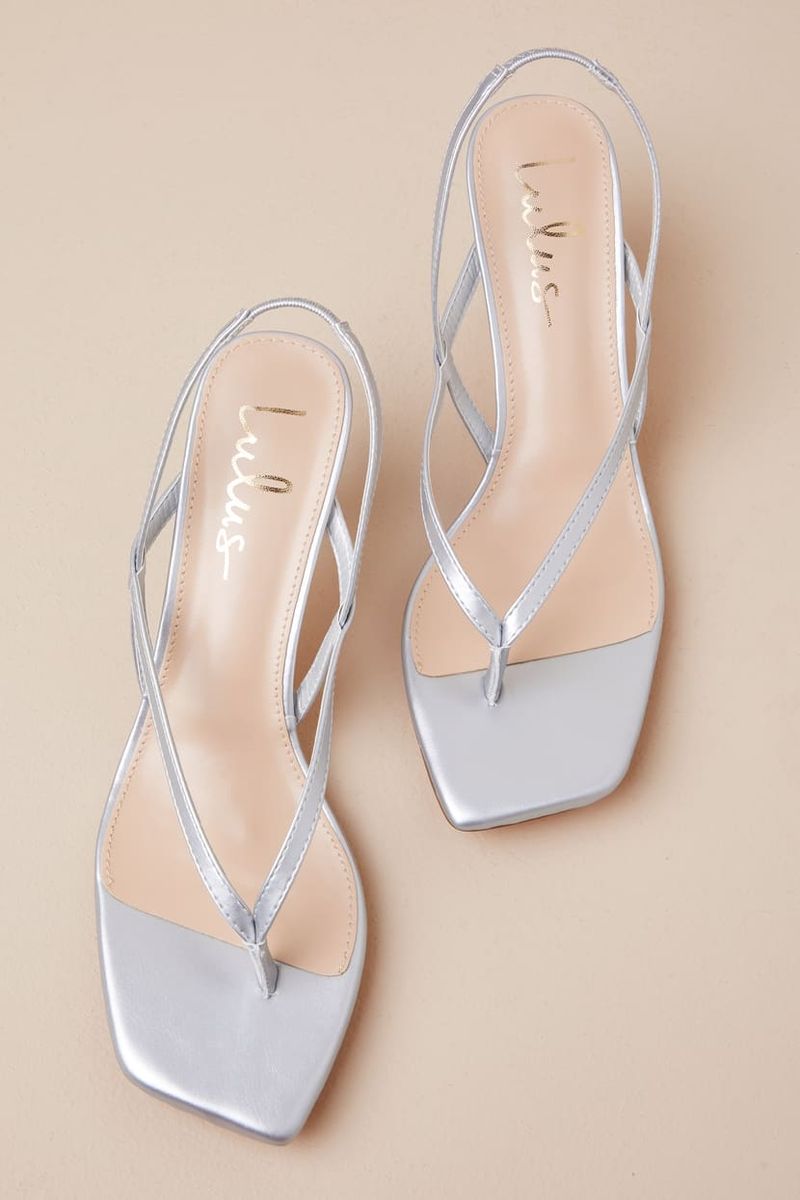 Lulus Lavonna Silver Thong Slingback Kitten Heel Sandals
