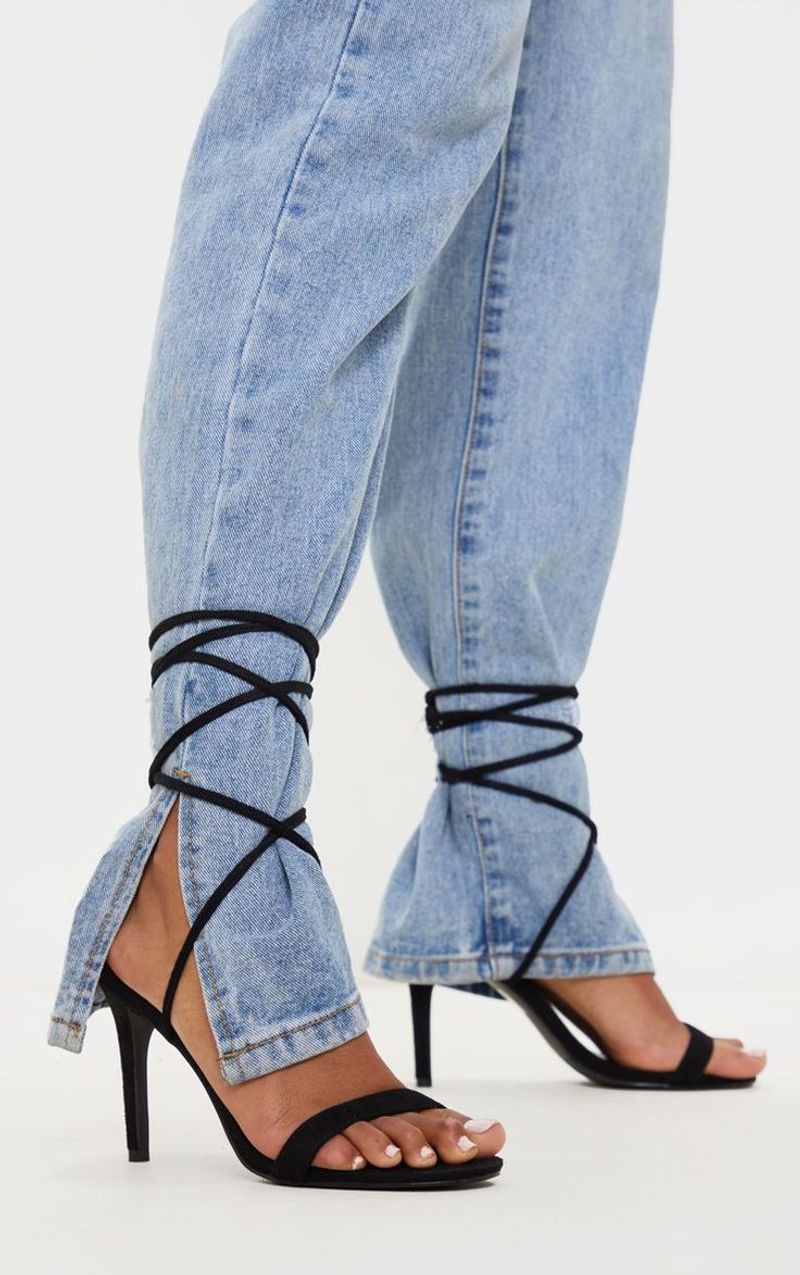 High-Waisted Wide-Leg Jeans + Wrap-Around Strappy Heels