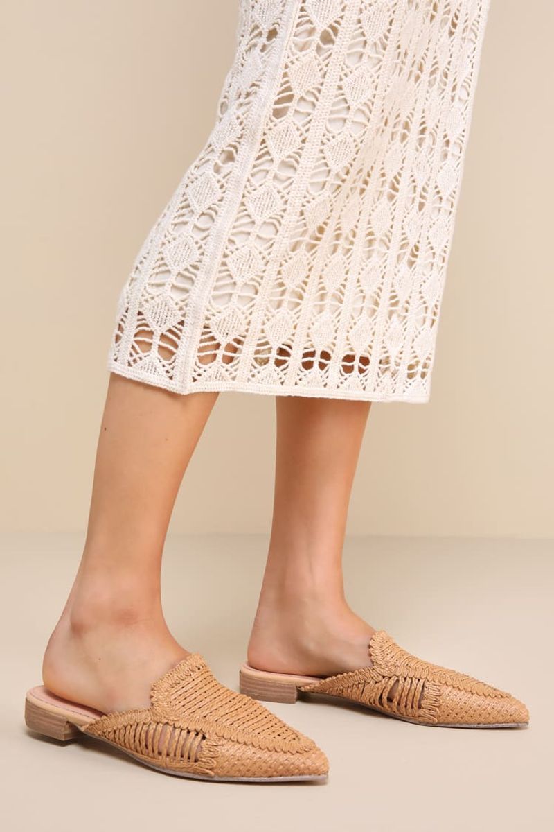 Pointed-Toe Raffia Mules in Natural Straw