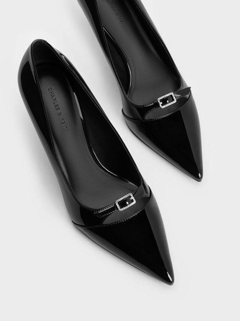 Charles & Keith Patent Buckle-Strap Kitten Heel Slingback Pumps