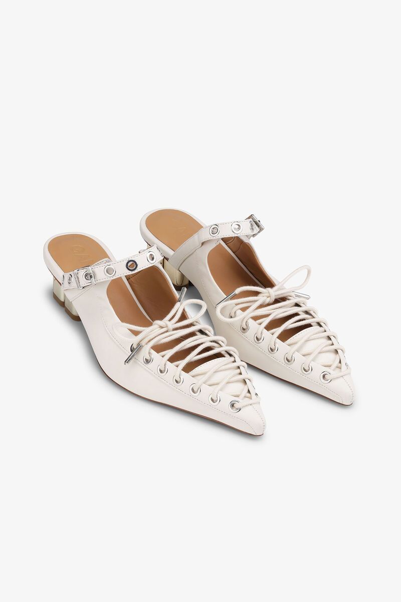 GANNI Off-White Lace-Up Mules