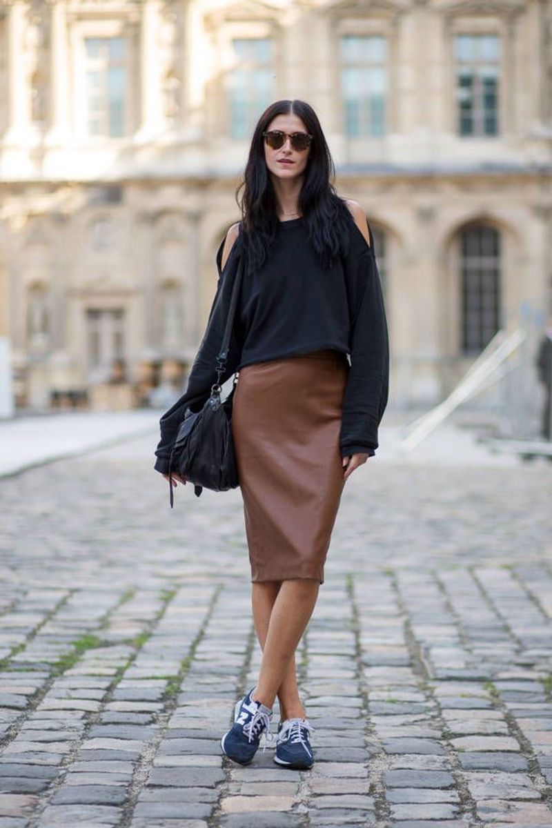 Structured Midi Skirt + Classic Court Sneakers