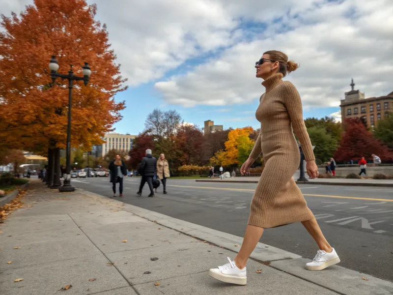 Sweater Dress + Minimalist Low-Top Sneakers