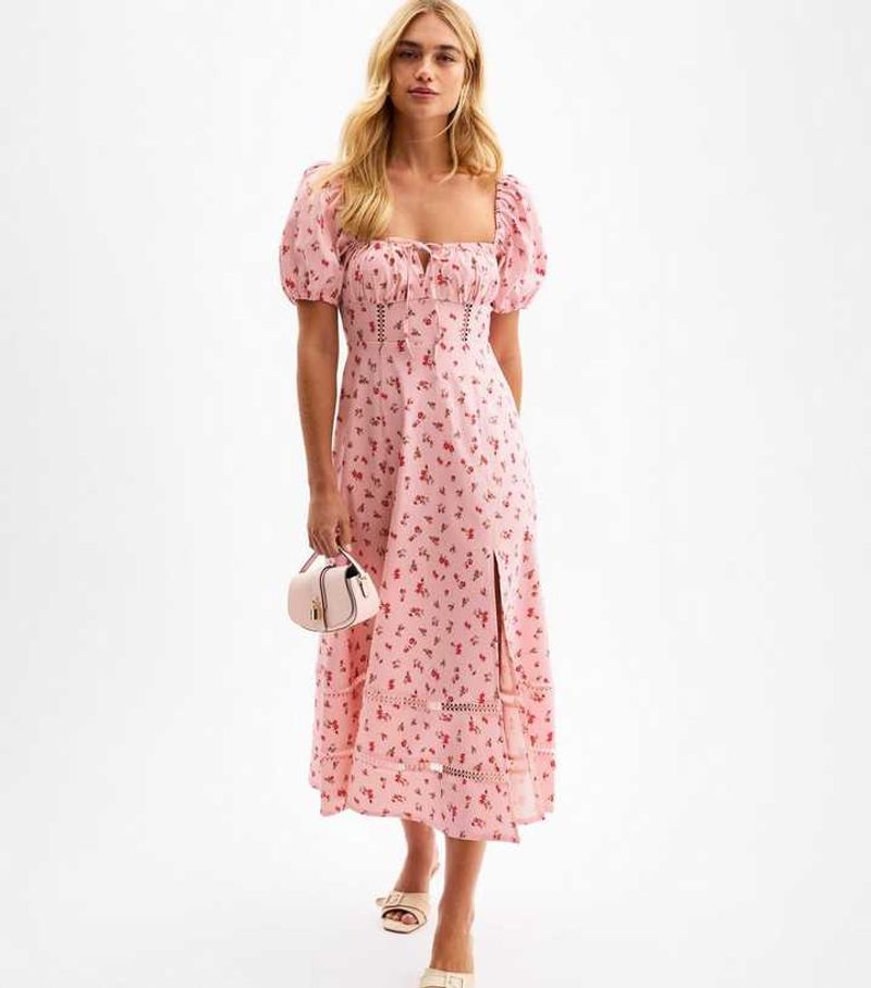 New Look – Pink Floral Print Puff Sleeve Lace Insert Milkmaid Midi Dress
