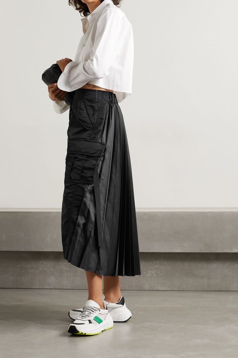 Midi Skirt + Button-Down Shirt + Low-Top Sneakers