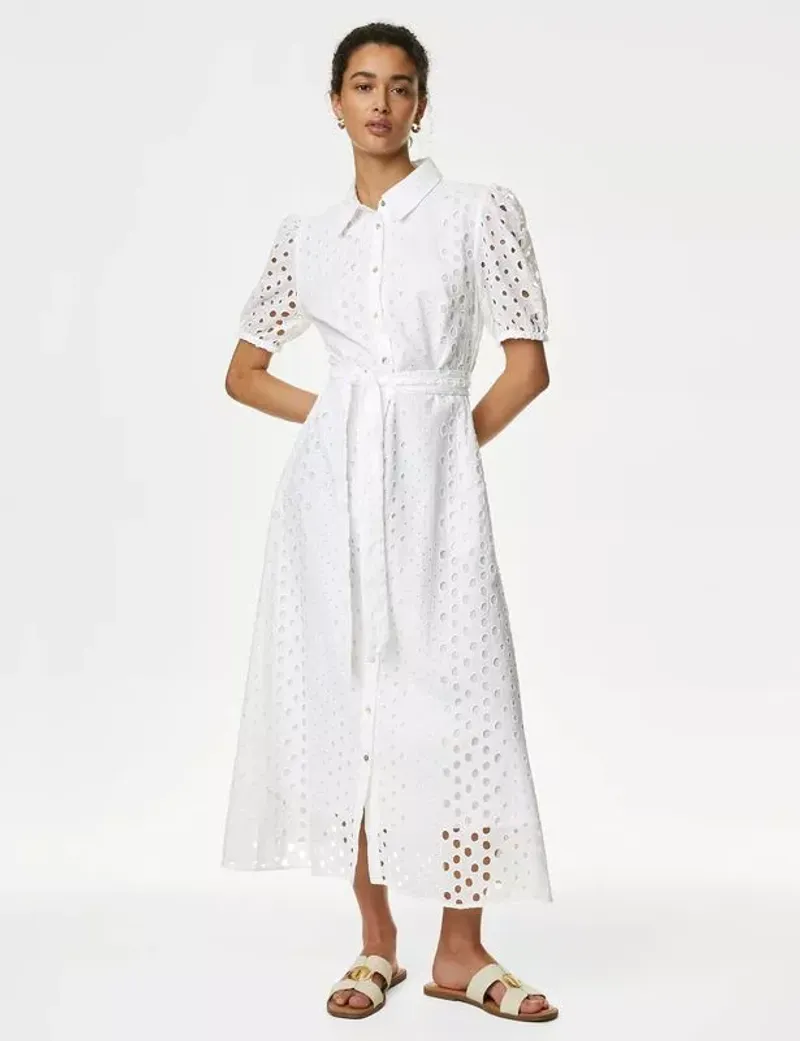 Marks & Spencer Pure Cotton Broderie Midi Shirt Dress