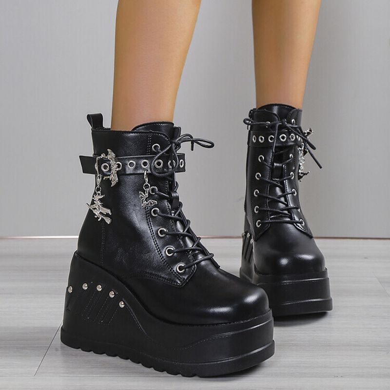 Platform Combat Boots with 12 Eyelets and Chains