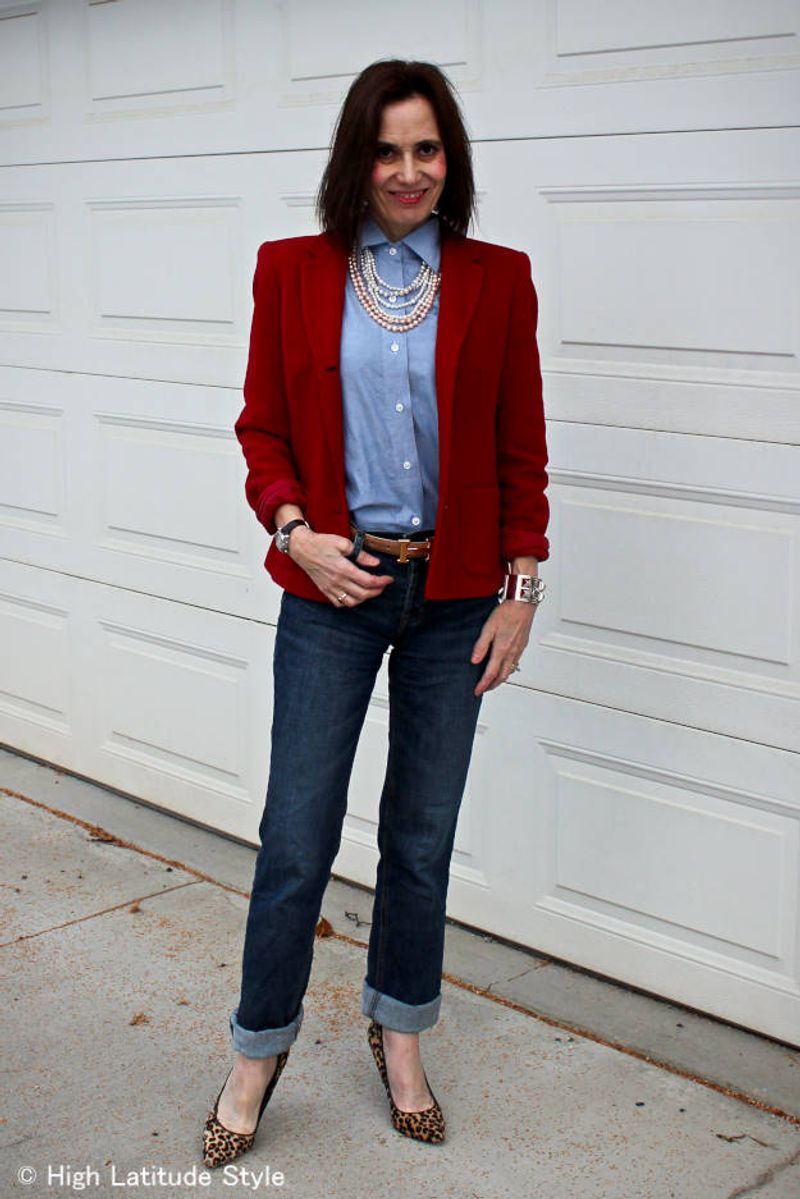 Dark-Wash Jeans + Statement Blazer + Bold Necklace
