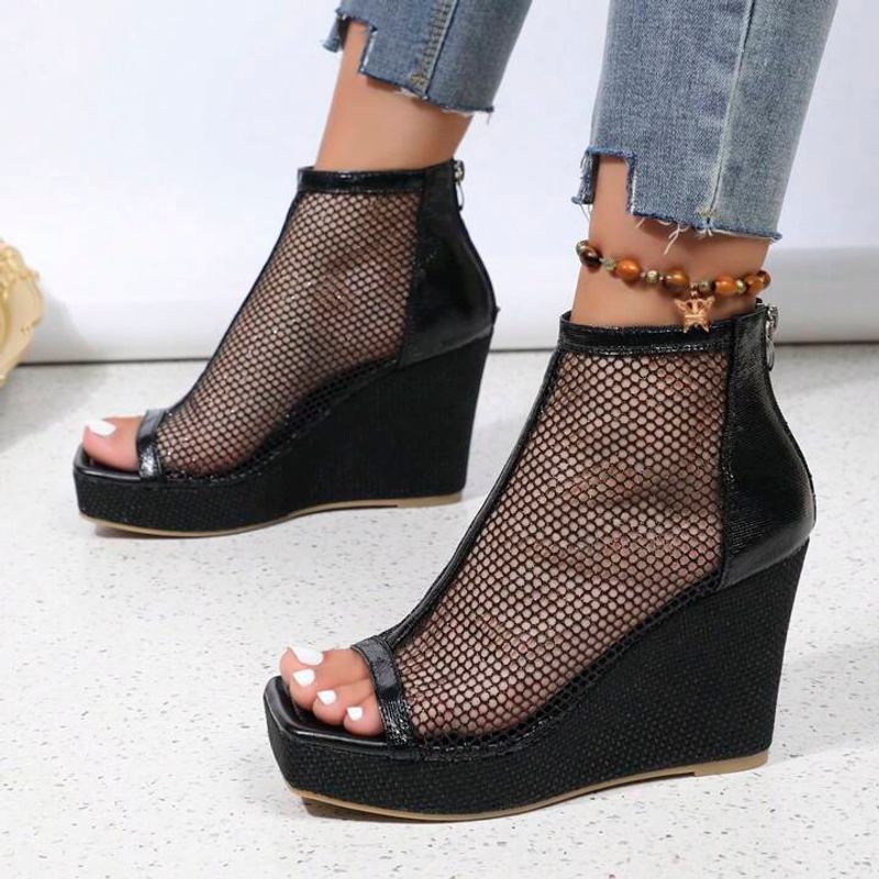Peep-Toe Mesh Booties With a Wedge Heel