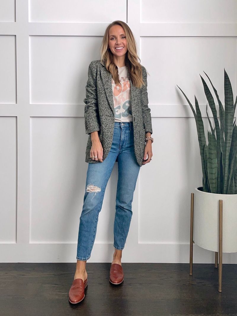 Mid-Rise Jeans + Relaxed Graphic Tee + Structured Blazer