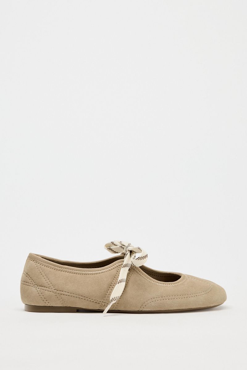 Split Leather Lace-Up Ballet Flats – Sandy Brown