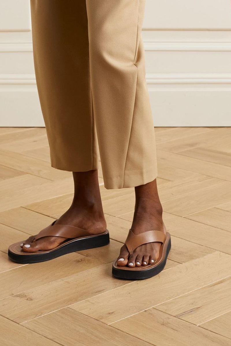 The Row Ginza Leather and Suede Platform Flip Flops