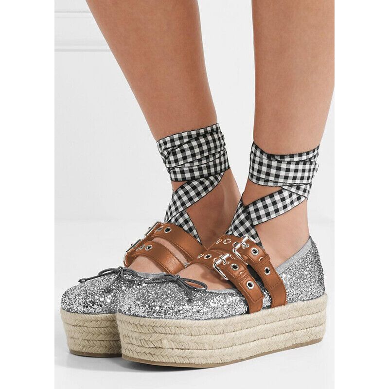 Platform Ballet Flats With Glitter & Bows