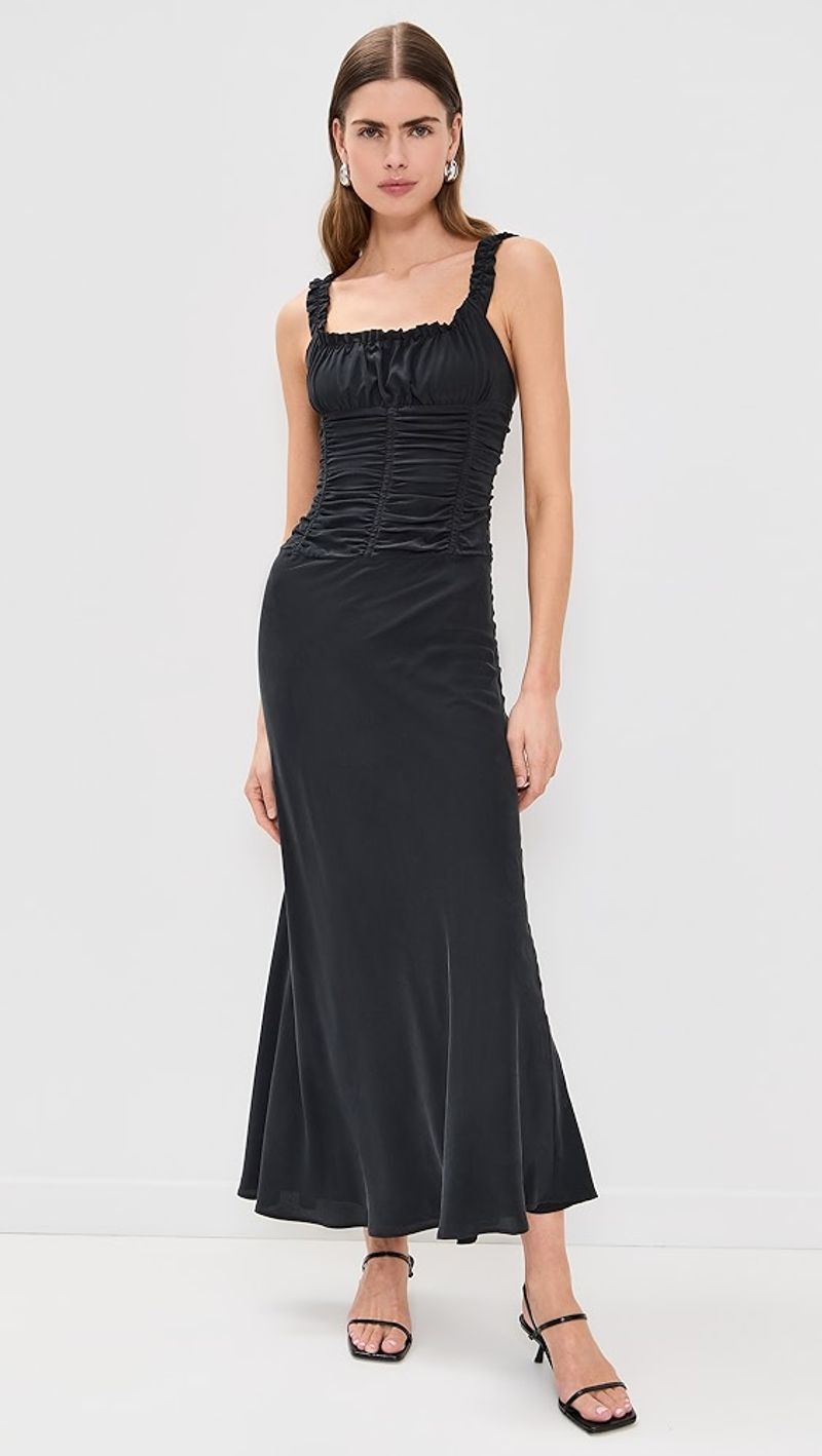 Staud Nic Ruched Sleeveless Silk Maxi Dress