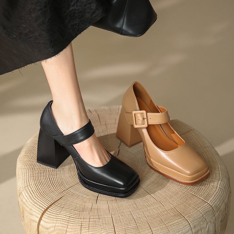 Square-Toe Low Heels (with retro chunky shapes)