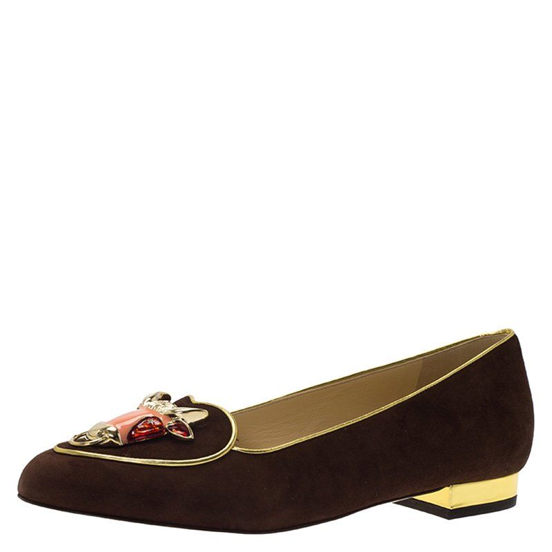 Charlotte Olympia Birthday Taurus Zodiac Suede Smoking Slippers in Brown