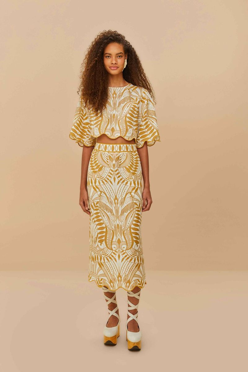 FARM Rio Lace Nature Linen Midi Skirt