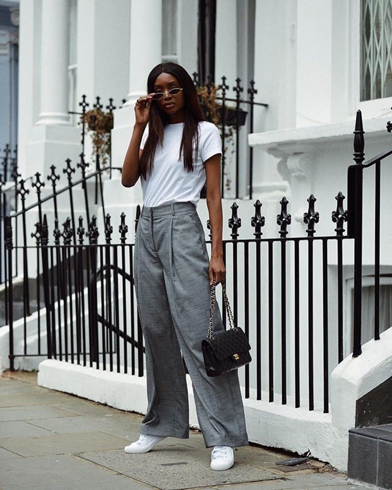 Wide-Leg Trousers + Sleek Sneakers + Statement Sunglasses