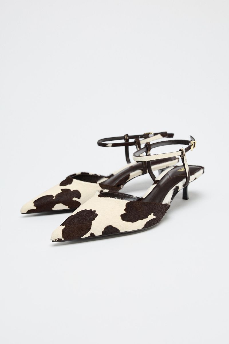 ZARA – Leather and Sheepskin Slingback Kitten Heels (Cow Print)